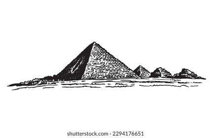 Pirámides dibujadas a mano aisladas en fondo blanco, ilustración vectorial. Visitantes de Egipto