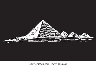 Graphical hand drawn pyramids isolated on black background, vector illustration. Egypt sightseeing