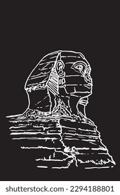 Graphical hand drawn sketch of  sphinx isolated on black background,vector illustration . Egyptian architecture