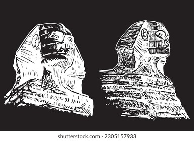 Graphical hand drawn sphinx statues isolated on black background,vector illustration . Egyptian architecture