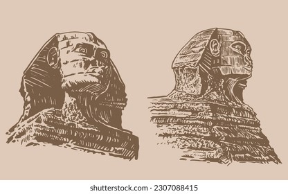 Graphical hand drawn sphinx statues isolated on sepia background,vector illustration . Egyptian architecture