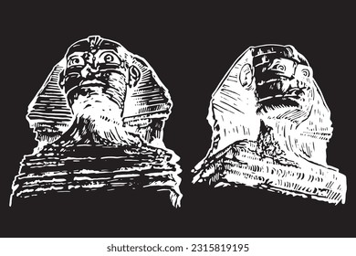 Graphical hand drawn sphinx statues on black background,vector engraved  illustration . Egyptian architecture