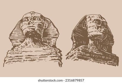 Graphical hand drawn sphinx statues on sepia background,vector illustration . Egyptian architecture