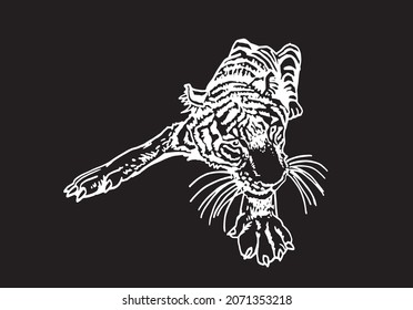 Graphical hand drawn thin tiger on black background,vector element, hungry tiger  
