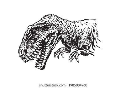 Graphical hand drawn tyrannosaurus attacking isolated on white, vector element for tattoo and design, Jurassic period