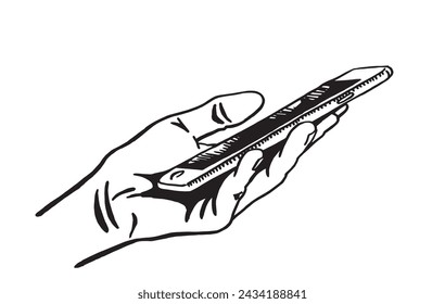 Graphical hand holding smartphone , vector illustration. Ink pen drawing, technology 