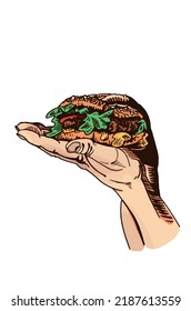 Graphical hand holds delicious hamburger with cutlet and lettuce , vector fast food element for design, color illustration 