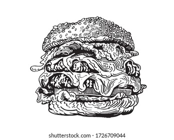 Graphical hand-drawn burger isolated on white background, vector illustration, fast food