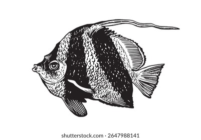 Graphical hand-drawn butterflyfish isolated on white background,vector  illustration