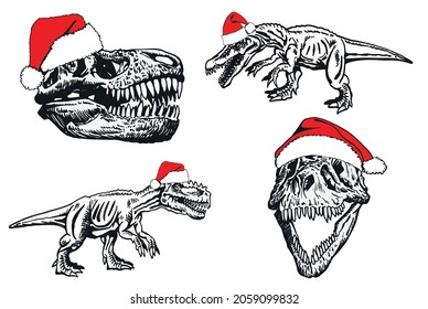 Graphical hand-drawn collection of vector dinosaurs in Santa Claus hats isolated on white background, Christmas elements 
