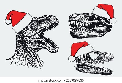 Graphical hand-drawn collection of vector dinosaurs in Santa Claus hats isolated on white background, Christmas elements 