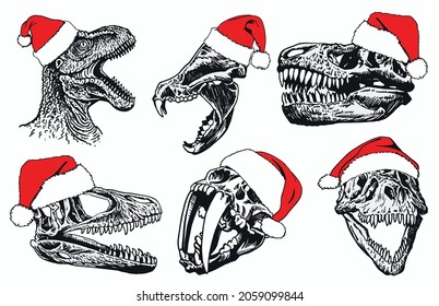 Graphical hand-drawn collection of vector dinosaurs in Santa Claus hats isolated on white background, Christmas elements 