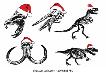 Graphical hand-drawn collection of vector dinosaurs in Santa Claus hats, Christmas elements .