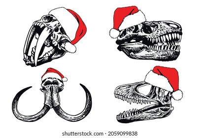 Graphical hand-drawn collection of vector skulls of dinosaurs, smilodon and mammoth in Santa Claus hats isolated on white background, Christmas elements 