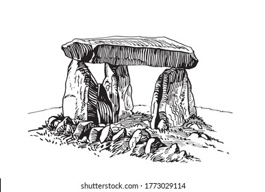 Graphical hand-drawn dolmen isolated on white background,vector illustration, architecture