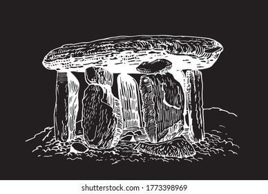 Dolmen gráfico dibujado a mano aislado sobre fondo negro, ilustración vectorial, arquitectura de españa