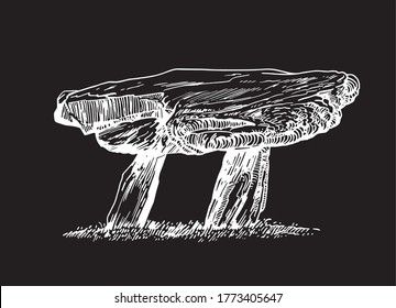 Graphical hand-drawn dolmen isolated on black background,vector engraved illustration, architecture of Korea
