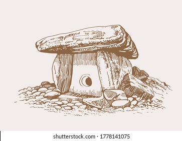 Dolmen gráfico dibujado a mano, fondo sepia, ilustración vectorial vintage, arquitectura de Krasnodar, Rusia