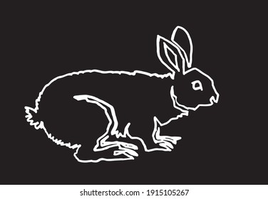 Graphical hand-drawn doodle illustration of rabbit isolated on black background,vector