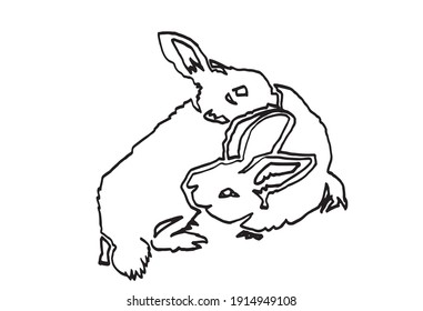 Graphical hand-drawn doodle illustration of two rabbits isolated on white background,vector
