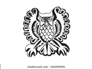 Graphical hand-drawn owl isolated on white background, vector illustration	

