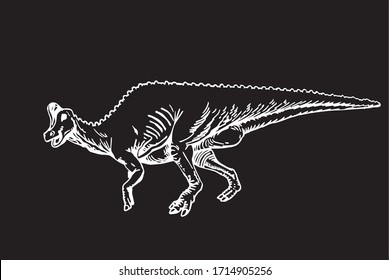 Graphical hand-drawn parasaurolophus isolated on black background, vector illustration,paleontology