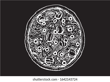 Graphical hand-drawn pizza isolated on black background, vector engraved illustration	