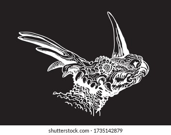 Graphical hand-drawn portrait of Styracosaurus isolated on black ,vector engraved illustration