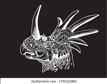Graphical hand-drawn portrait of Styracosaurus isolated on black ,vector engraved illustration