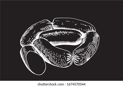 Graphical hand-drawn sausages isolated on black background, vector engraved illustration