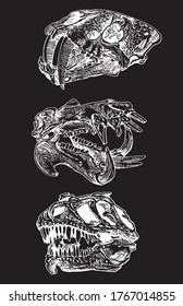 Graphical hand-drawn set of animal skulls isolated on black background,vector illustration for tattoo and design
