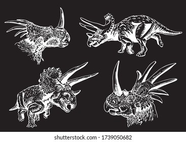 Graphical hand-drawn set of dinosaurs isolated on black ,vector engraved illustration for printing and design, lizards