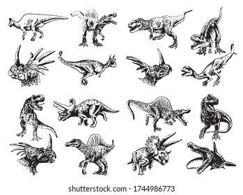 Graphical hand-drawn set of  dinosaurs  isolated on white,vector illustration for typography,design and tattoo