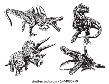Graphical hand-drawn set of  dinosaurs  isolated on white,vector illustration for typography,design and tattoo