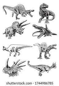 Graphical hand-drawn set of  dinosaurs  isolated on white,vector illustration for typography,design and tattoo