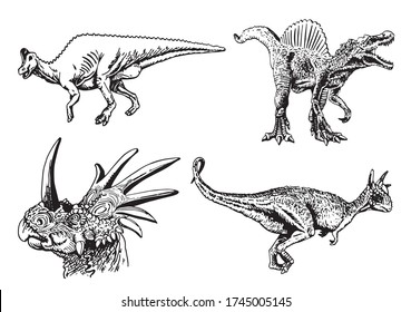Graphical hand-drawn set of  dinosaurs  isolated on white,vector illustration for typography,design and tattoo