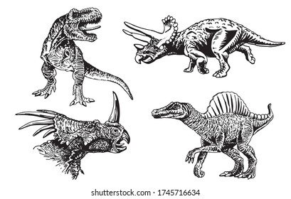  Graphical hand-drawn set of dinosaurs isolated on white,vector illustration for typography,design and tattoo