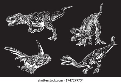 Graphical hand-drawn set of  dinosaurs  isolated on black,vector  engraved illustration 