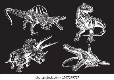 Graphical hand-drawn set of  dinosaurs  isolated on black,vector  engraved illustration 