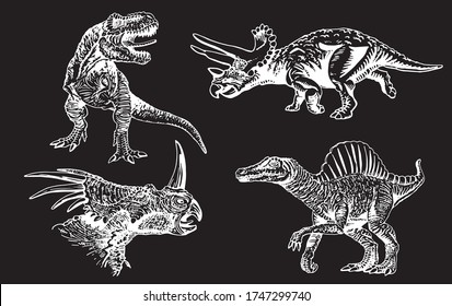 Graphical hand-drawn set of  dinosaurs  isolated on black,vector  engraved illustration 