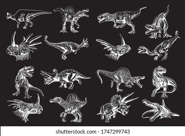 Graphical hand-drawn set of  dinosaurs  isolated on black,vector  engraved illustration 