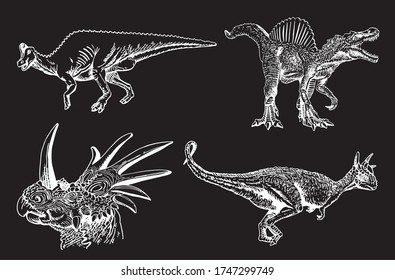 Graphical hand-drawn set of  dinosaurs  isolated on black,vector  engraved illustration 