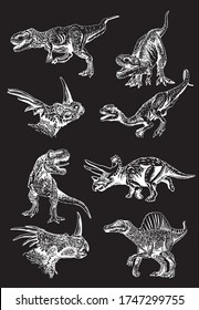 Graphical hand-drawn set of  dinosaurs  isolated on black,vector  engraved illustration 