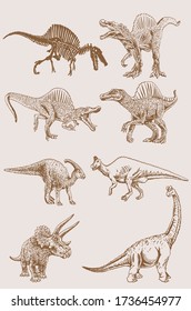 Graphical hand-drawn set of dinosaurs, vector sepia illustration