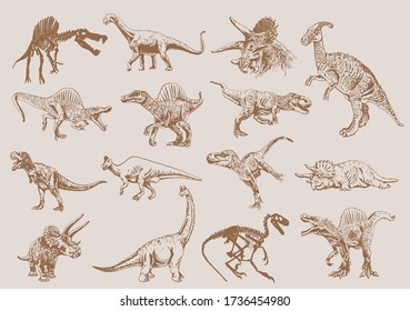 Graphical hand-drawn set of dinosaurs, vector sepia illustration