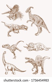 Graphical hand-drawn set of dinosaurs, vector sepia illustration