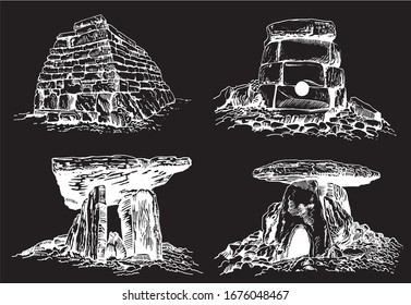 Graphical hand-drawn set of dolmens isolated on black background, vector engraved illustration,religion