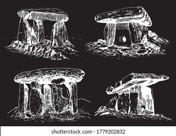 Graphical hand-drawn set of dolmens isolated on black background,vector engraved illustration