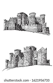Graphical hand-drawn  set of medieval Belmonte castles isolated on white background,Spain,vector illustration