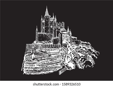 Graphical hand-drawn  sketch of medieval  Alcazar castle isolated on black background,Spain,vector illustration